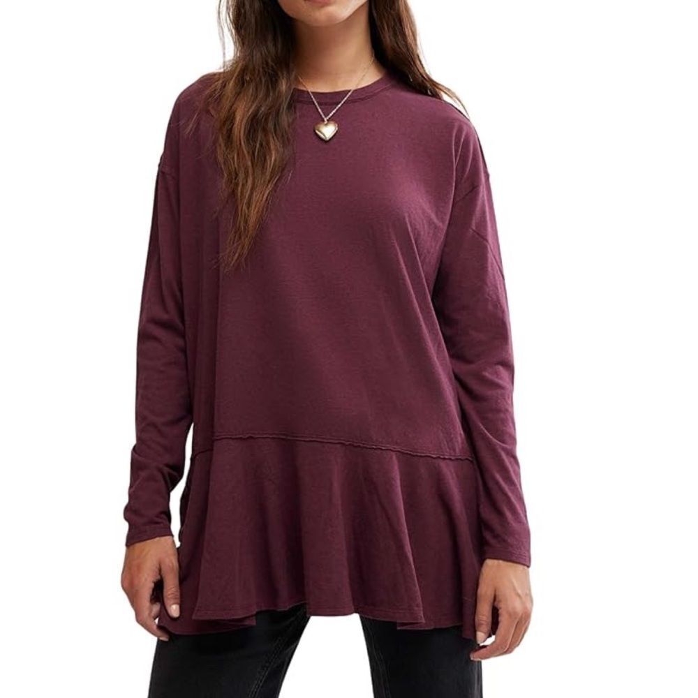 Free People Paris Burgundy Long Sleeve Ruffle Tunic Shirt| S